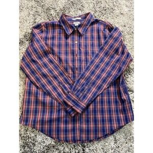 LL‎ Bean Shirt Women XL Regular Blue Plaid Wrinkle Free Button Up 3/4 Sleeves